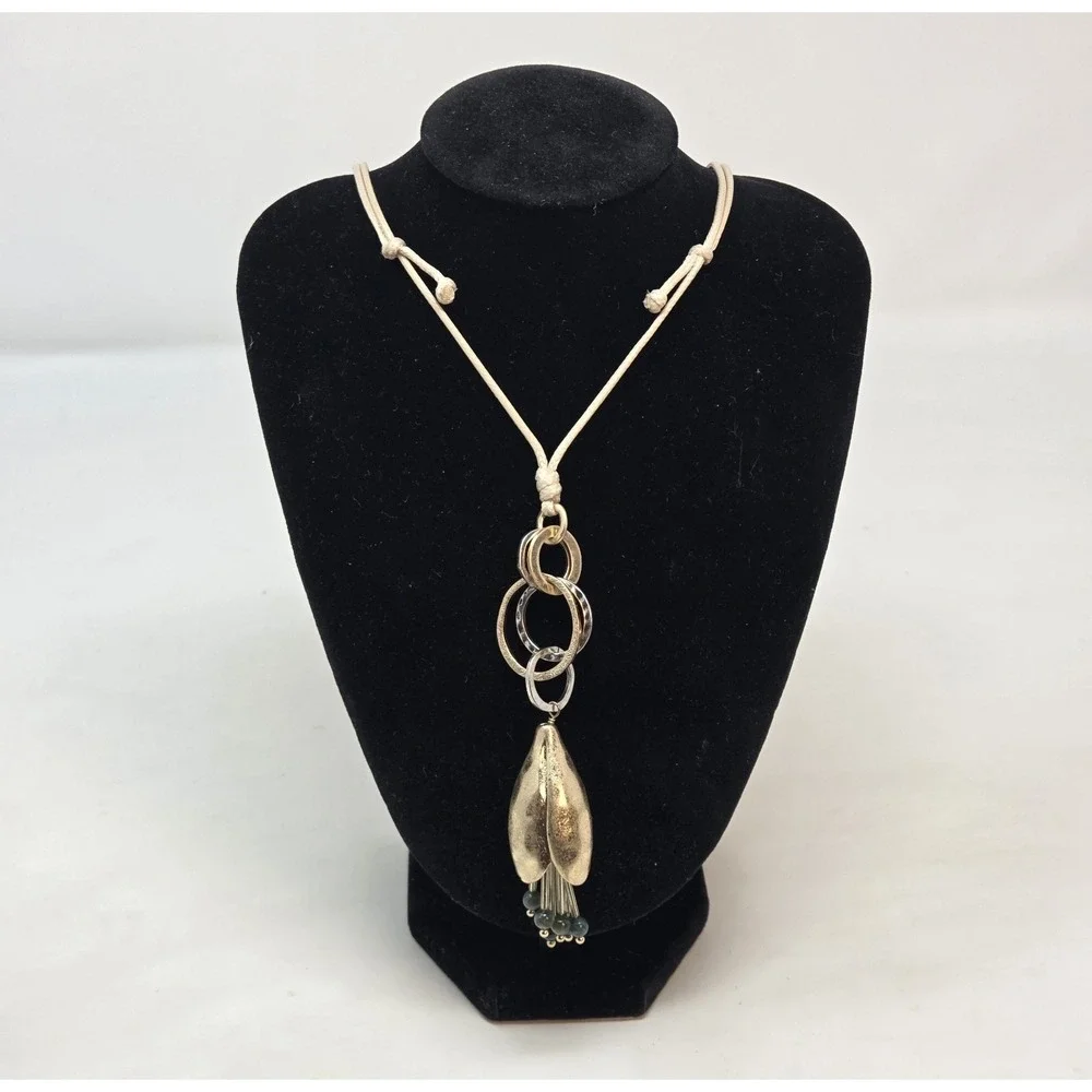 Boho Mixed Metal Leaf Pod Tassel Necklace Green Stone Beads Adjustable Cord